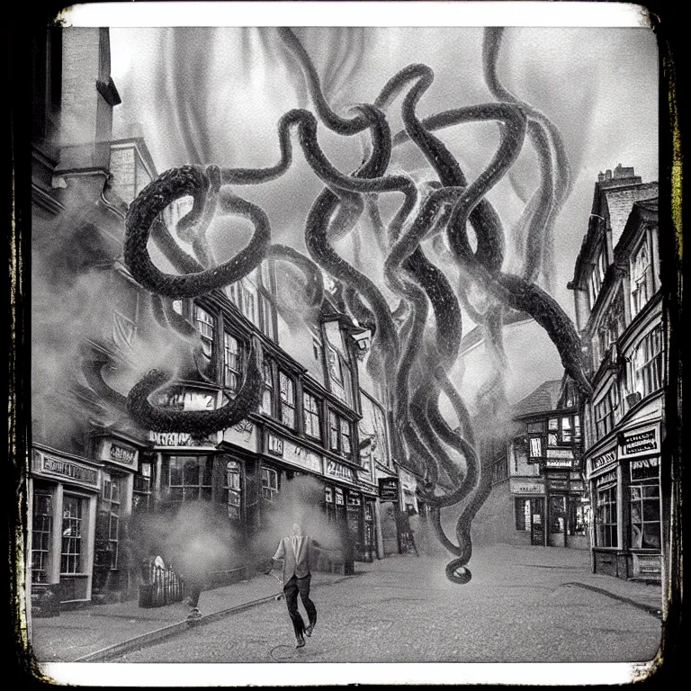 Prompt: evil eldritch smoke and tendril monsters in a typical english high street. terrified people running and screaming. polaroid. photorealistic. highly detailed