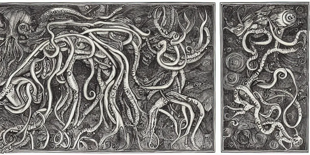 Prompt: detailing reference sheet of lovecraftian unnamed creatures in the style of copper plate etching by biologist