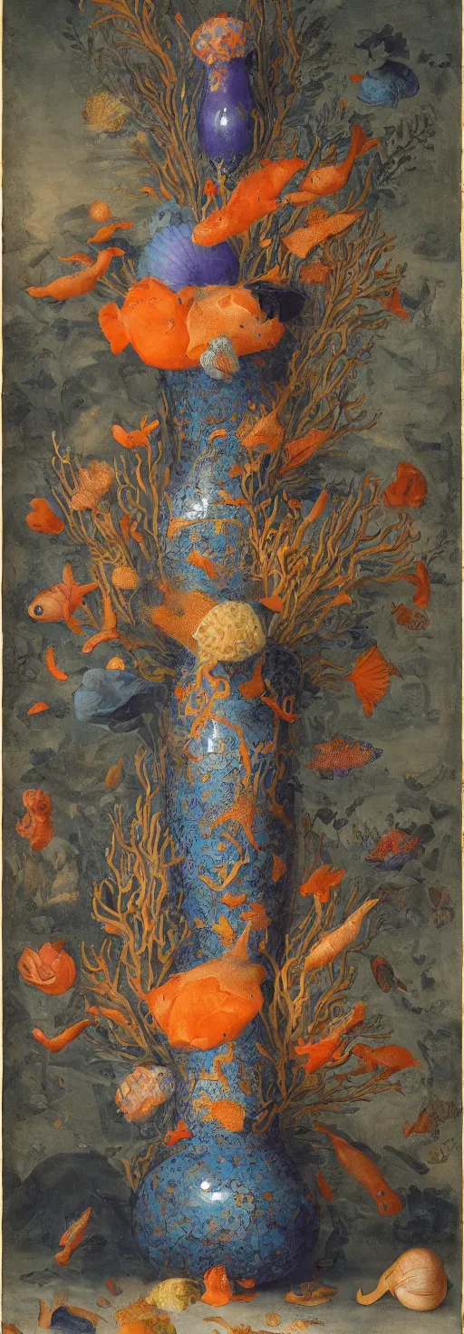 Image similar to bottle vase of coral under the sea decorated with a dense field of stylized scrolls that have opaque outlines enclosing mottled blue washes, with orange shells and purple fishes, Ambrosius Bosschaert the Elder, oil on canvas, hyperrealism, around the edges there are no objects