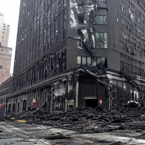 Image similar to apocalyptic new york, buildings covered in black tar, black gooey tar on buildings, black goo everywhere