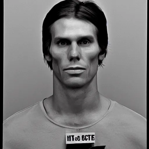 Image similar to A mugshot portrait of a man who looks like Jerma985 with short length wavy hair, a combover and wearing late 1970s menswear in the late 1970s, taken in the late 1970s, grainy, realistic, hyperrealistic, very realistic, highly detailed, very detailed, extremely detailed, detailed, trending on artstation, front facing, front view, headshot and bodyshot, detailed face, very detailed face