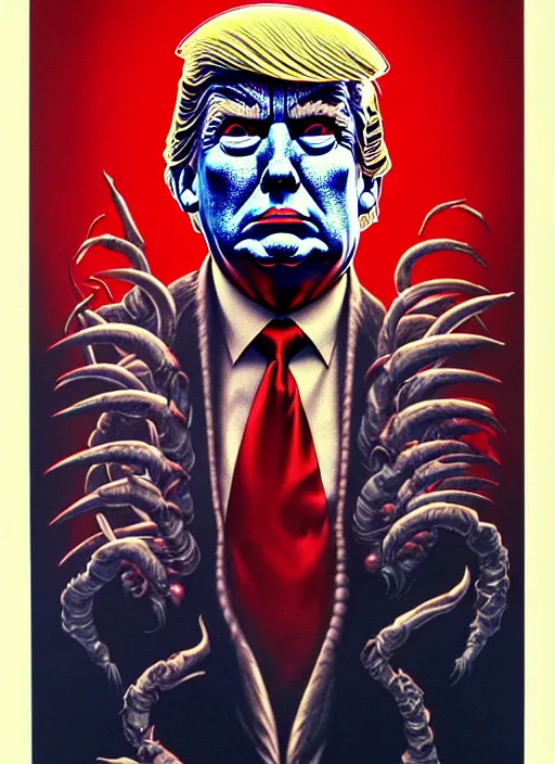 Prompt: donald trump's grotesque true form revealed, horror, high details, intricate details, by vincent di fate, artgerm julie bell beeple, 1 9 8 0 s, inking, vintage 8 0 s print, screen print
