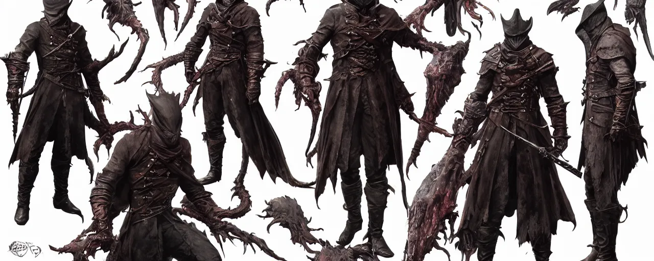 Prompt: character design, refence sheet, bloodborne 2 boss, concept art, photorealistic, hyperdetailed, 3 d rendering!, art by leyendecker! and frazetta