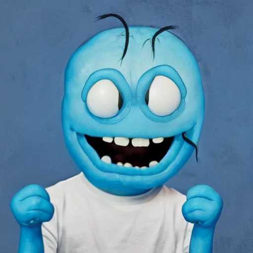 Image similar to portrait of real life mr meeseeks. photo realism. dramatic lighting. living room background. 4 k