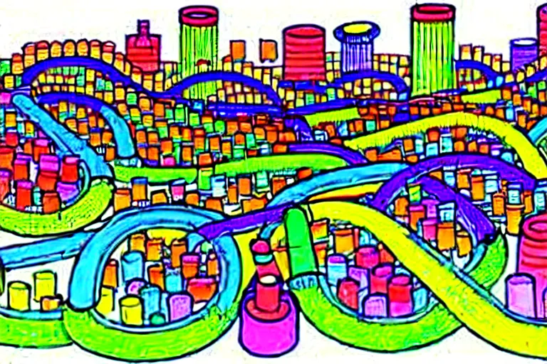 Image similar to an elaborate penned child illustration of a colorful intricate connected city of tubes and pipes, by martin handford and by jan van haasteren