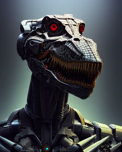 Image similar to mecha male t rex portrait, cyborg, intricate mechanical body, robot eyes, hyper realistic 3 d render by ilya kuvshinov, peter mohrbacher, greg rutkowski, ryohei hase, dramatic lighting, intricate, highly detailed, sharp focus, luminous, unreal engine, blender, artstation, masterpiece, ray tracing