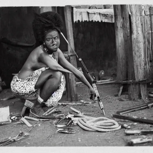 Prompt: photo of beautiful African woman inspecting laser gun, tools and junk on the ground,wires with lights, old village in the distance, vintage old photo, black and white, sepia