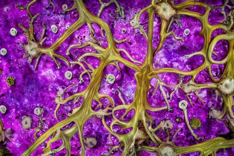 Prompt: a complex, elaborate organism with six limbs and trilateral symmetry that occupies a fungus rich low gravity alien landscape with violet accented chemosynthetic flora, organic details, vivid lighting with cold colors, photorealistic graphical 3 5 mm lens