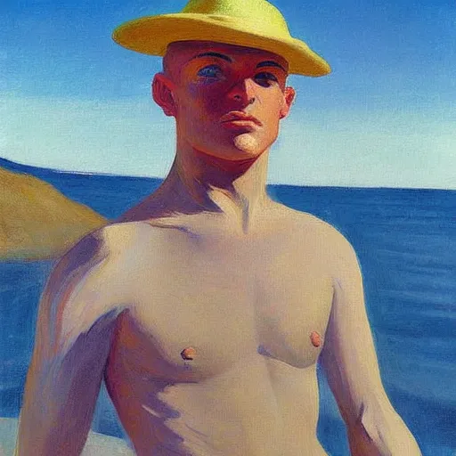 Image similar to a detailed painting, blonde man at a beach, edward hopper,