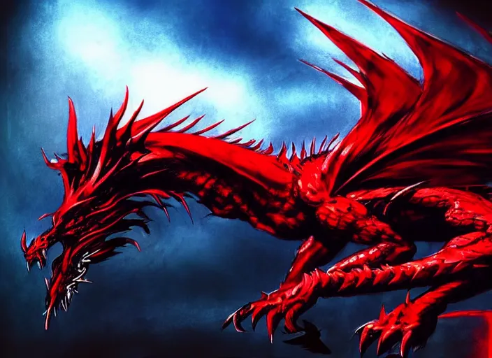 Prompt: Majestic red dragon with blue eyes. In style of Yoji Shinkawa and Hyung-tae Kim, trending on ArtStation, dark fantasy, great composition, concept art, highly detailed.