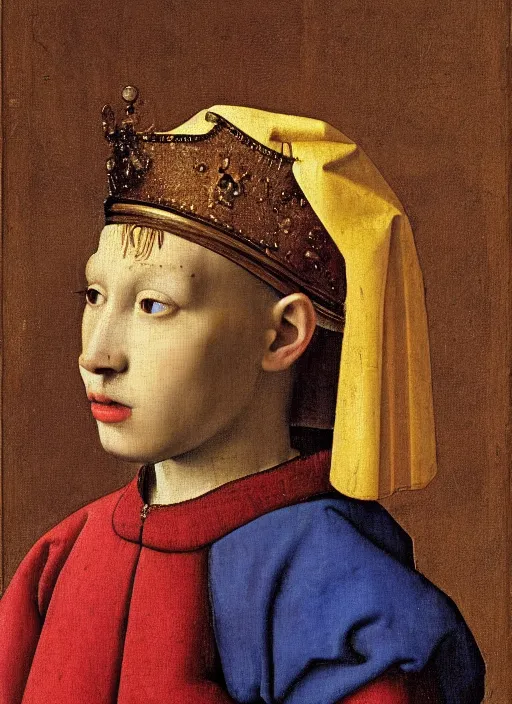 Image similar to portrait of a young king with a crown, medieval painting by Jan van Eyck, Johannes Vermeer, Florence