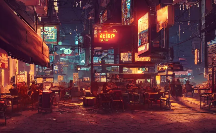 Prompt: a cozy relaxed cafe, looking out at the bustling underbelly of a thriving cyberpunk city at night, trending on cgsociety, unreal engine, 4 k wallpaper