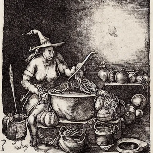 Prompt: a witch adding ingredients to her cauldron, engraving by albrecht durer