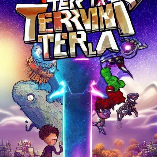 Prompt: movie key art of terraria, marvel syle poster