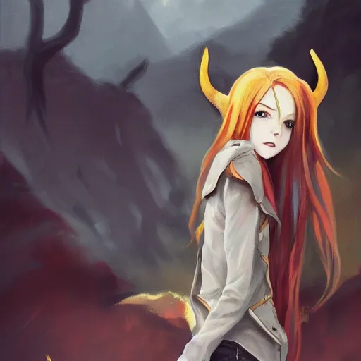 Image similar to a pale redheaded demoness with yellow eyes and horns wearing a jacket, highly detailed, digital painting, artstation, matte, by makoto shinkai, animation style