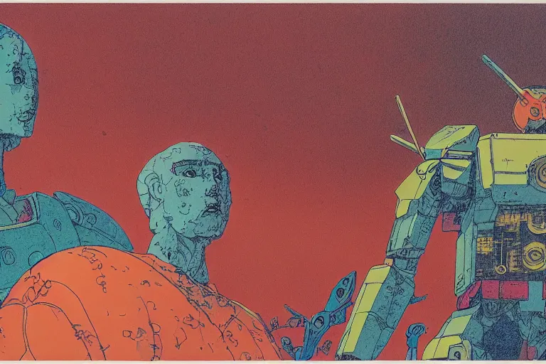 Image similar to risograph grainy drawing vintage sci - fi, satoshi kon color palette, gigantic gundam full - body covered in dead coral reef, 1 9 8 0, kodachrome, natural colors, comicbook spreadsheet, codex seraphinianus painting by moebius and satoshi kon and dirk dzimirsky close - up portrait