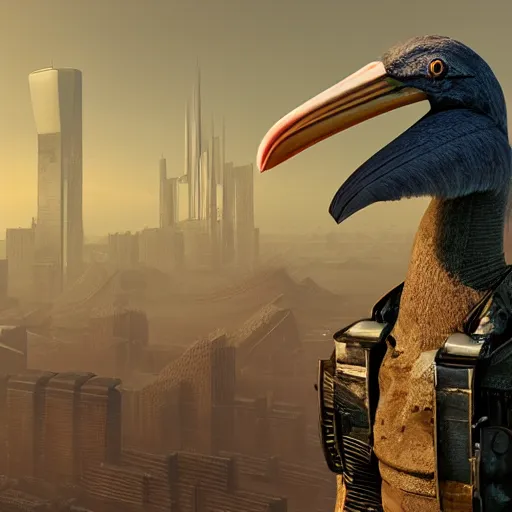 Image similar to bring your shoebill bird to work day. rendered in octane 3 d, 8 k, hq. post - apocalyptic space opera hard science fiction cyberpunk steampunk