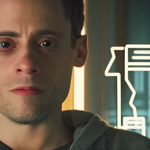 Prompt: dramatic still from Mr. Robot, A programmer expertly wrangling code late at night, intensely focused, coffee on his desk, highly detailed, sharp focus, cinematic lighting, hoodie