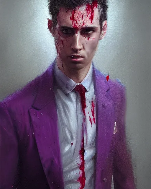 Prompt: A hyper realistic oil painting of a man in his twenties dressed in a purple suit, full height, clean shaven, insane looking face, messy hair, covered in blood, by Greg Rutkowski, trending on artstation, 4k, creepy lighting