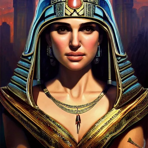 Prompt: a closeup portrait of a young natalie portman as cleopatra, gorgeous view, pyramid background, high detail, art by artgerm and greg rutkowski and alphonse mucha, digital art, trending on artstation