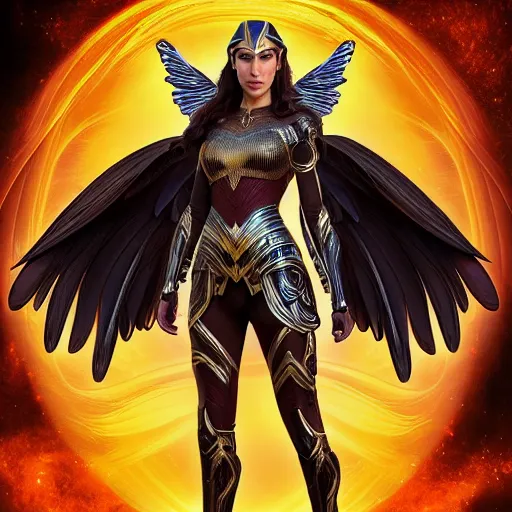 Image similar to full body center frame digital art. hero pose of gal gadot as a dark seraphim angelic warrior wearing a futuristic, intricate, body sculpted cosmic armor and flowey ornate robes highly detailed 8 k hdr award - winning trending on artstation ann _ sto.