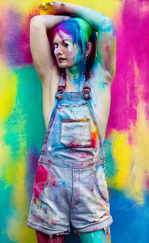 Image similar to grungy woman, rainbow hair, soft eyes and narrow chin, dainty figure, wet t-shirt, torn overalls, skimpy shorts, covered in paint, Sony a7R IV, symmetric balance, polarizing filter, Photolab, Lightroom, 4K, Dolby Vision, Photography Award