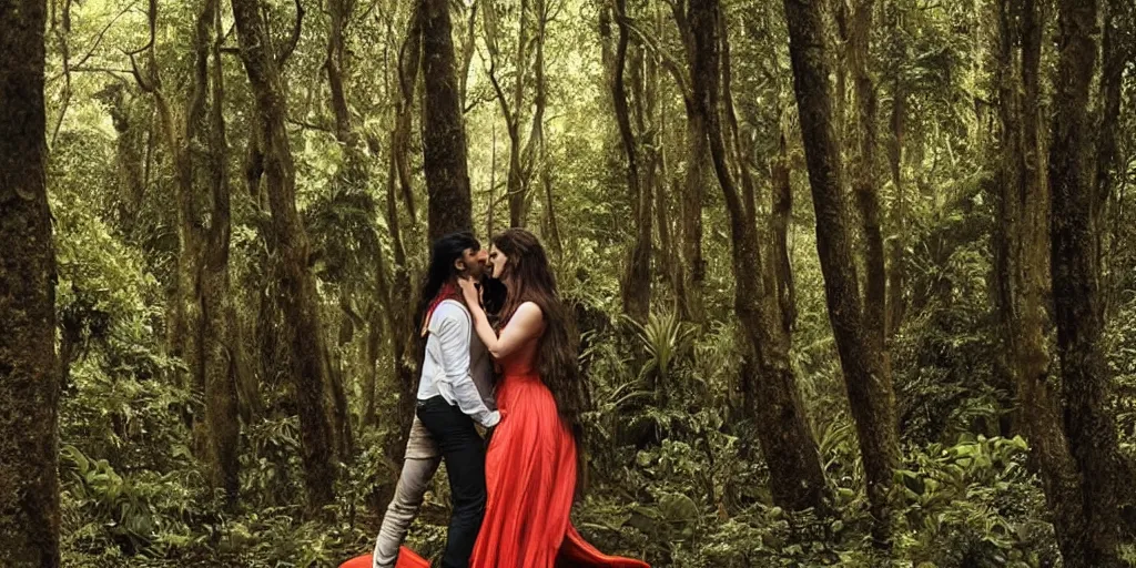 Image similar to kareena kapoor and arjun rampal kissing in a forest, natural lighting, hyper detailed, photographic, cinematic lighting, studio quality.