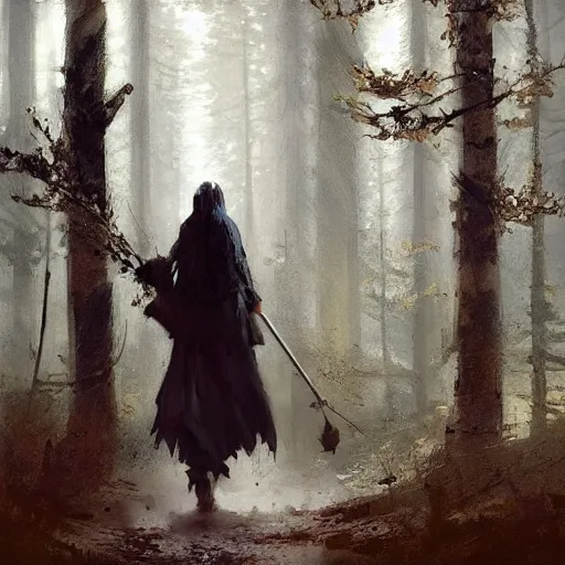 a pilgrim witch walking through the woods, painted by | Stable Diffusion