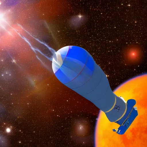 Prompt: Blue Ariane rocket with orange planet in background in space, photorealistic