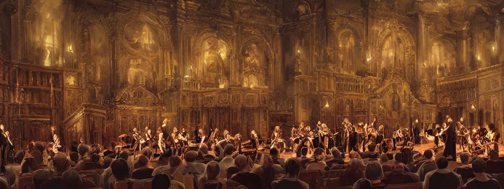 Prompt: painting of a tango orchestra performance in a gigantic church, epic, cinematic composition, ultra detailed, 4 k, ( distant shot ), dramatic lighting, trending on artstation