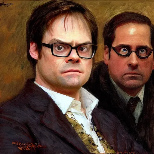 Image similar to dwight schrute and michael scott portrait by ilya repin