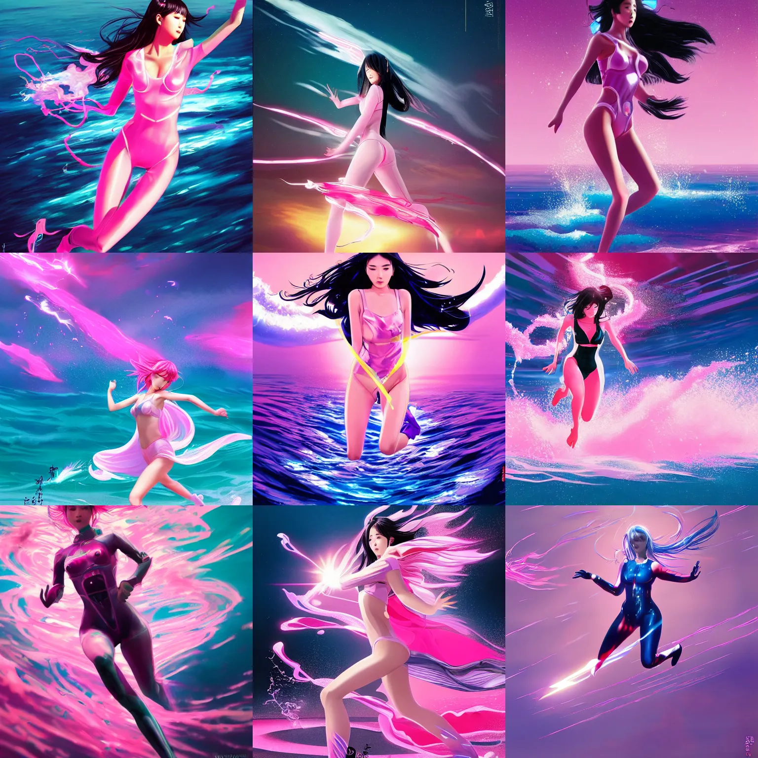 Prompt: a seductive lee ji - eun in celestial cybernetic suit running in mach 3 super speed on a serene pink ocean, water splash, tsunami behind him, speed blur, visually stunning, majestic, by wlop, james jean, ilya kuvshinov, ruan jia, lightspeed, god speed, lightning fast, quick