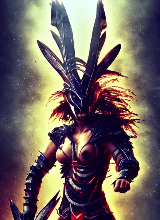 Prompt: movie frame with Maori warrior princess fights barbarians with futuristic energy shield, vertical composition, inspired by monster hunter and dark fantasy and fashion, beautiful body, clean brutal blooded symmetrical face, brutal bloody and sluty make up, epic,dramatic lighting, cinematic, establishing shot, extremely high detail, photorealistic, brutal, provocative , cinematic lighting, artstation, octane render, dark fantasy ,old photo, vintage, black and white, Boris vallejo, sepia, old photography, documentary photography