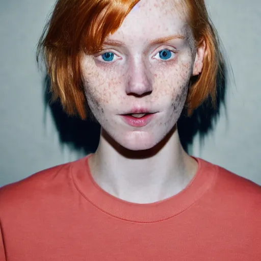 Image similar to an award winning close up portrait of face of cute 1 9 year old white woman with tired eyes, no makeup, freckles, strong jawline, skinny, short straight ginger hair in a bob style, black t shirt, flash photography, photographed by terry richardson,