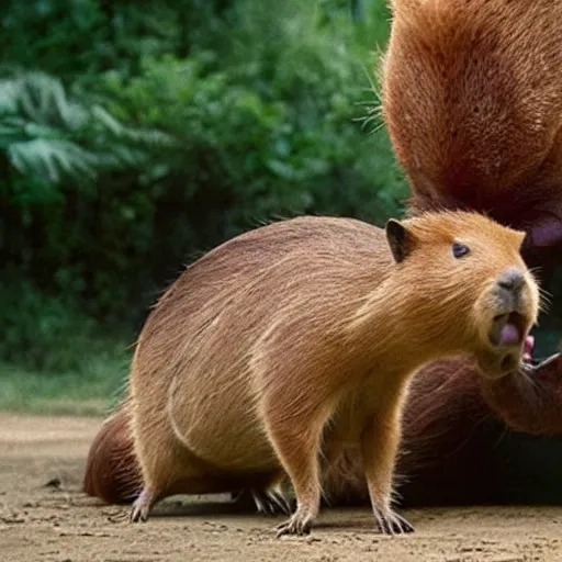 Image similar to a capybara fighting the predator from alien movie