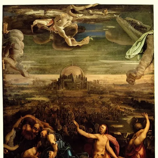 Prompt: a chaos god looks down upon a destroyed world, renaissance painting, nightmarish