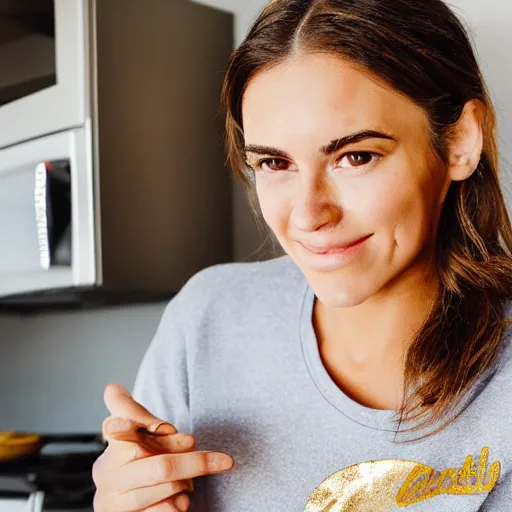 Image similar to a candid portrait of a brunette female, young, athletic, australian, pixellated face, wearing a gold tshirt in a kitchen, closeup