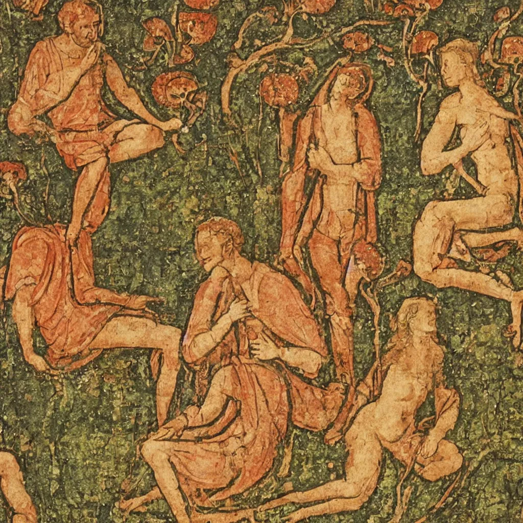 Image similar to medieval fresco of a man and woman eating psychedelic mushrooms in the garden of eden