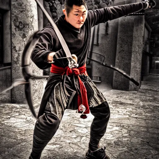 Prompt: male ninja swinging kusarigama ,Grim fantasy, D&D, HDR, natural light, dynamic pose, award winning photograph, Mucha style, 8k,