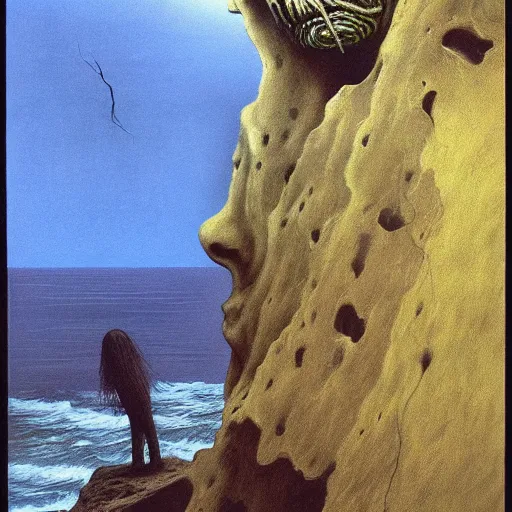 Image similar to by zdzisław beksinski, by ivan albright lifelike, accurate. a beautiful experimental art of a human - like creature with long, stringy hair. the figure has no eyes, only a mouth with long, sharp teeth. the creature is standing on a cliff overlooking a dark, foreboding sea.