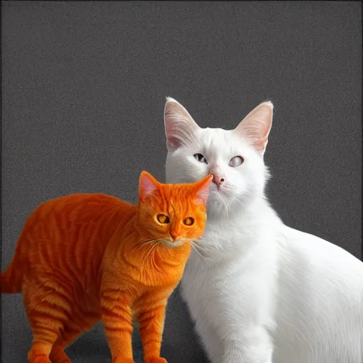 Image similar to an orange cat looking suspiciously at a white dog. photograph. digital art.