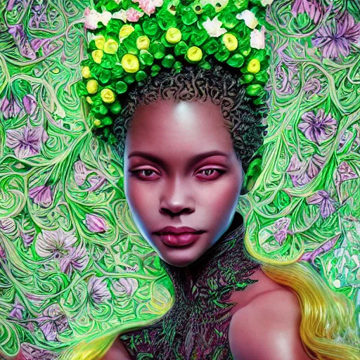 Image similar to the portrait of an absurdly beautiful, graceful, elegant, sophisticated, fashionable black woman made of strawberries and green petals looking up, an ultrafine hyperdetailed illustration by kim jung gi, irakli nadar, intricate linework, bright colors, octopath traveler, final fantasy, unreal engine 5 highly rendered, global illumination, radiant light, detailed and intricate environment