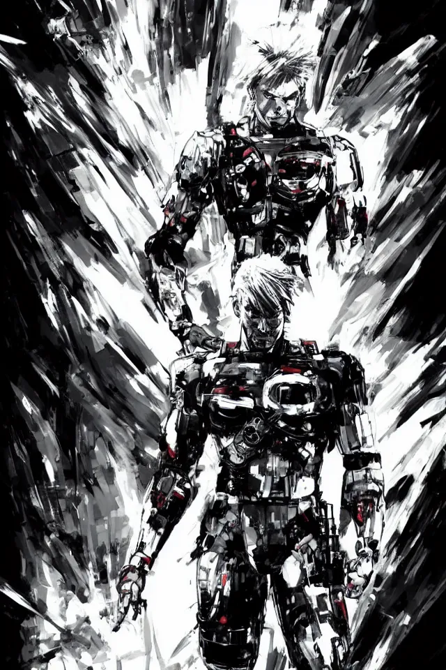 Prompt: a full - body portrait of cyborg donald trump, in yoji shinkawa's art style, metal gear solid art style, highly detailed, 4 k, artistic, white background, b & w