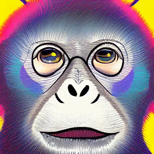 Prompt: a painting of a polygon art monkey portait by inio asano, aya takano color style, 4 k, super detailed, night sky, digital art, digital painting, celestial, majestic, colorful