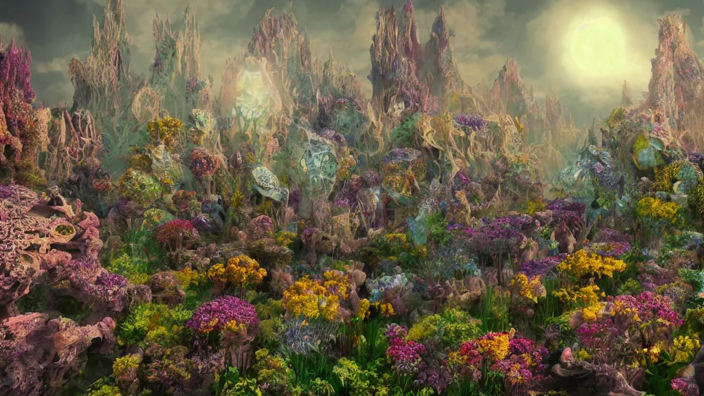 Image similar to a centered render of intricate modular synthesizer of dargon, shining its light across a tumultuous sea of flowers, undersea animals and one gothic crystal temple by dorothea tanning and salvador dali, trending on artstation, cyber punk, soft color, unreal engine, high detailed, 8 k