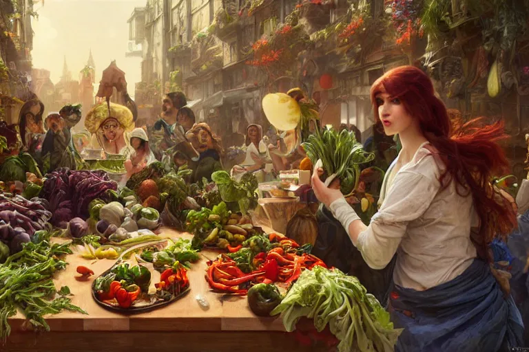 Image similar to vegetables parade on a cutting board in the kitchen, digital art, realistic, anthropomorphic, highly detailed, cinematic, matte painting, vivid colors, realistic, epic lighting, by greg rutkowski and artgerm and alphonse mucha