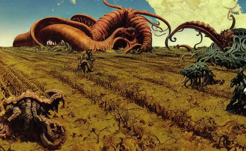 Prompt: cthulhu devouring farmland. highly detailed science fiction painting by norman rockwell, frank frazetta, and syd mead. rich colors, high contrast, gloomy atmosphere, dark background. trending on artstation