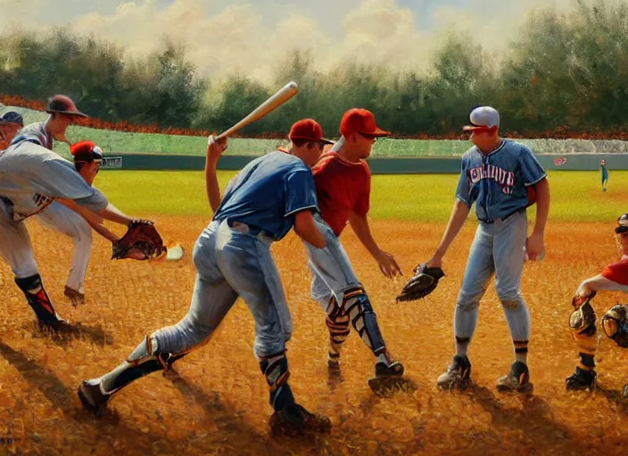 Image similar to baseball game in a cornfield themed, oil painting by jama jurabaev, extremely detailed, brush hard, artstation, for aaa game, high quality, brush stroke