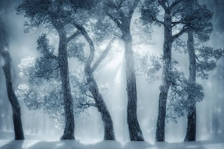 Image similar to portrait of juniper trees in a forest during a blizzard. shadow and light. rays of light. energetic, dynamic, lively, detailed, intricate, complex. fine art by hayao miyazaki, akira toriyama, makoto shinkai, and ohara koson. studio lighting. tilt and shift lens. bokeh.