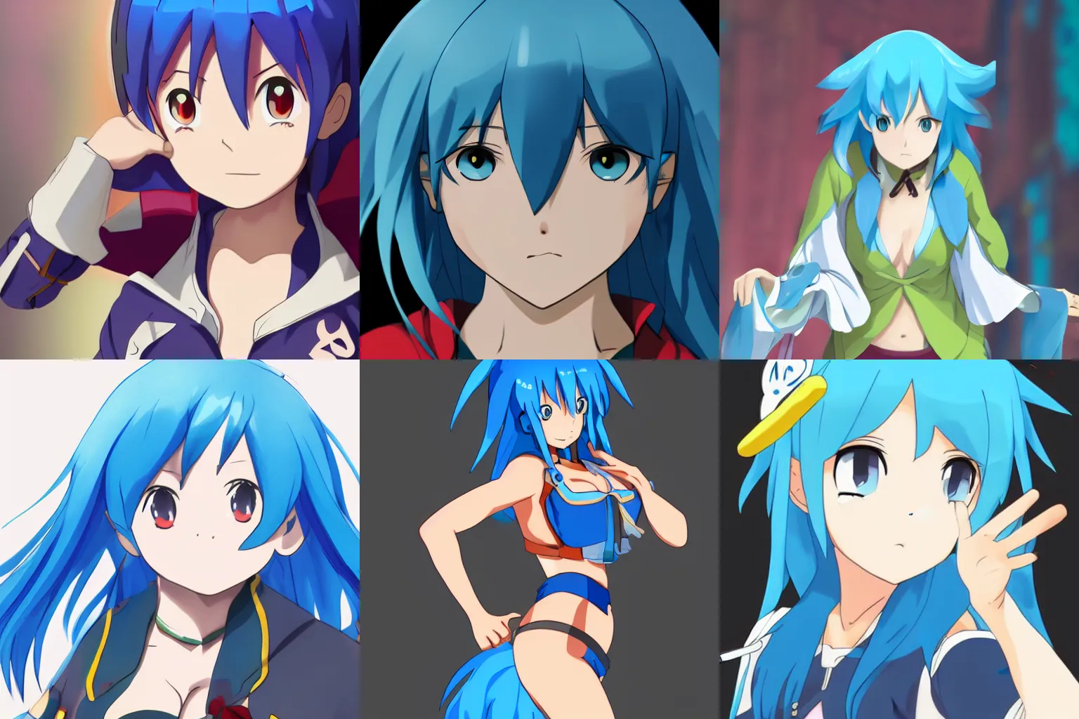Prompt: Aqua from Konosuba, blue hair, by Hayao Miyazaki, by Satoshi Kon, trending on pixiv, trending on artstation, very detailed, vibrant, 4k hdr